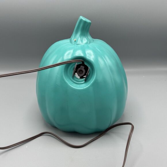 Unmarked Teal Halloween Pumpkin Happy Jack O Lantern Blow Mold Light Up 9" T - Picture 6 of 12